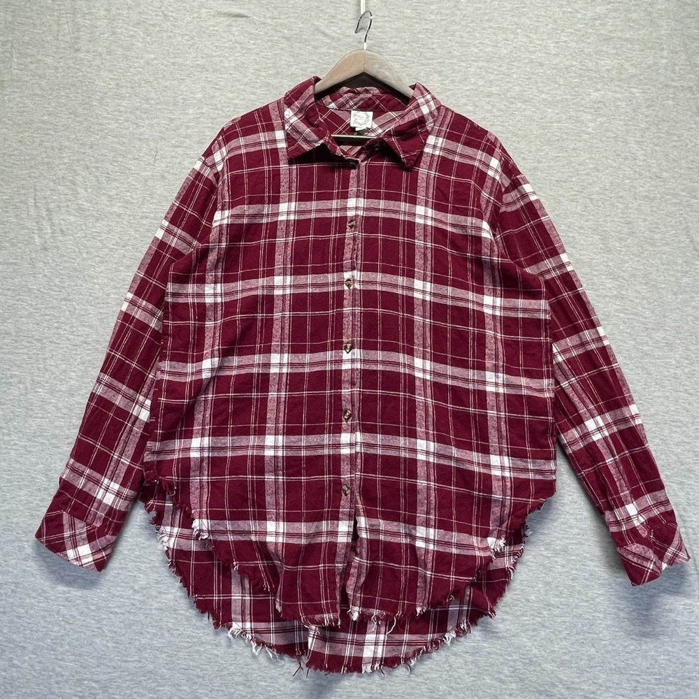Blue Rain Flannel Shirt Womens XL Red Plaid Cotton Striking Frayed Hem Button Up